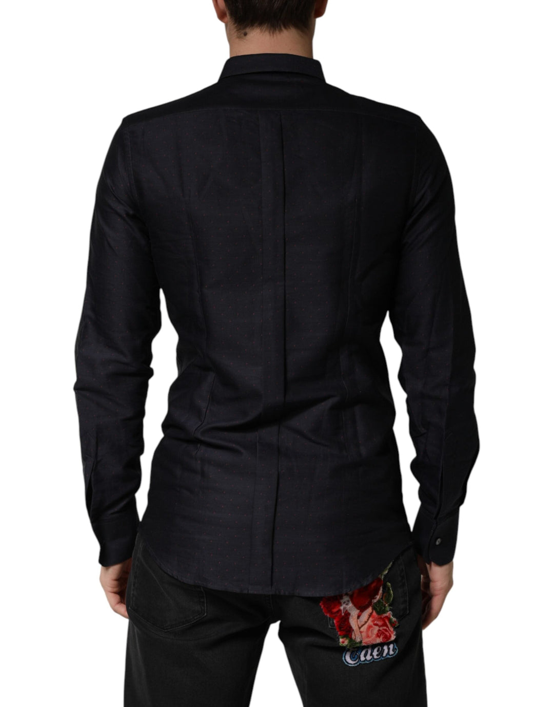 Men’s Dolce &amp; Gabbana Black Dotted Cotton Collared Gold Dress Shirt