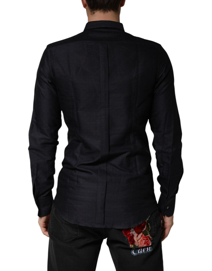 Men’s Dolce &amp; Gabbana Black Dotted Cotton Collared Gold Dress Shirt