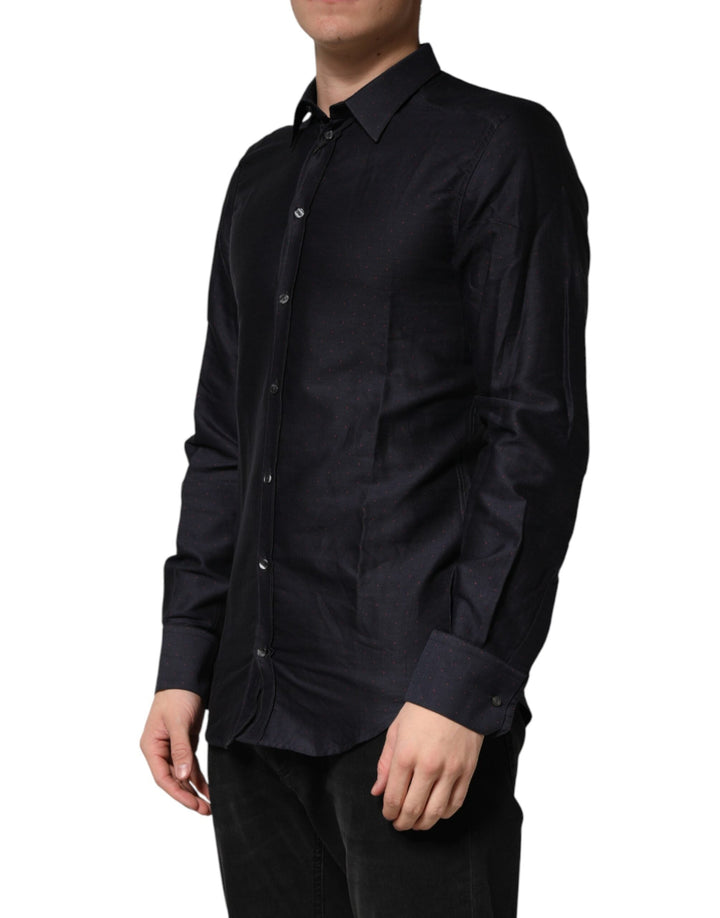 Men’s Dolce &amp; Gabbana Black Dotted Cotton Collared Gold Dress Shirt
