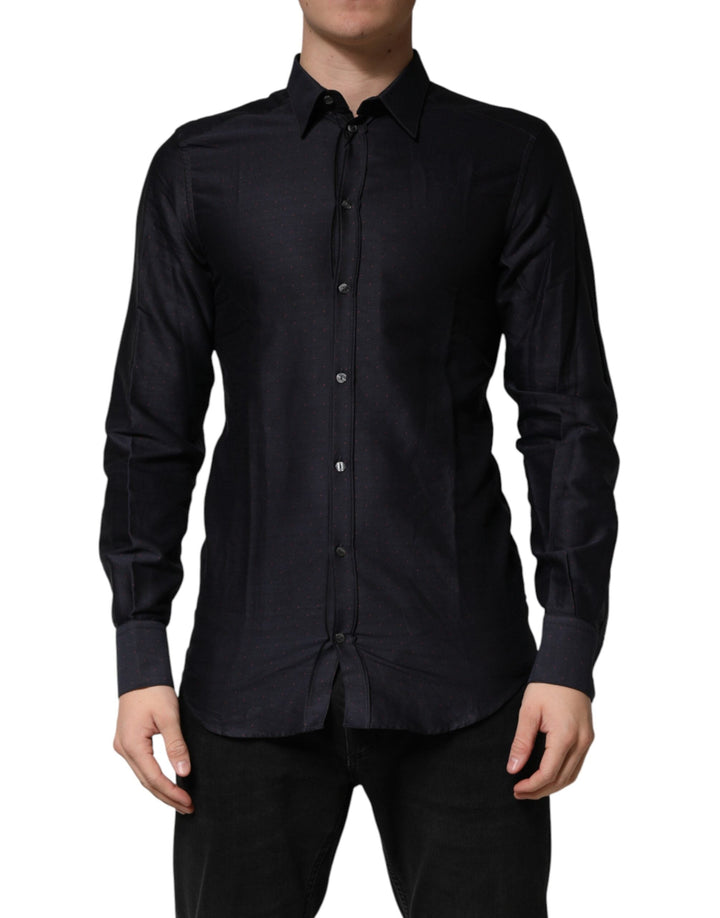 Men’s Dolce &amp; Gabbana Black Dotted Cotton Collared Gold Dress Shirt