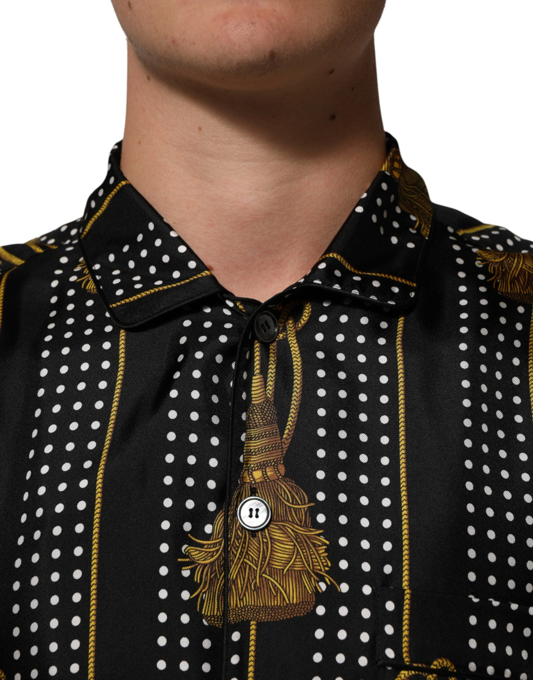 Men’s Dolce &amp; Gabbana Black Dotted Tassel Silk Button Down Shirt