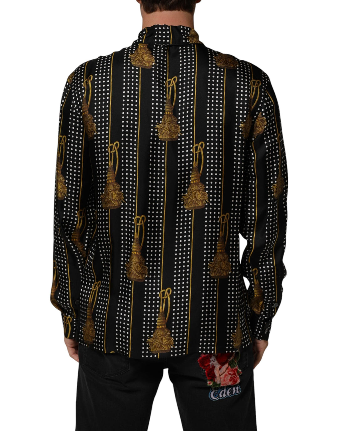 Men’s Dolce &amp; Gabbana Black Dotted Tassel Silk Button Down Shirt