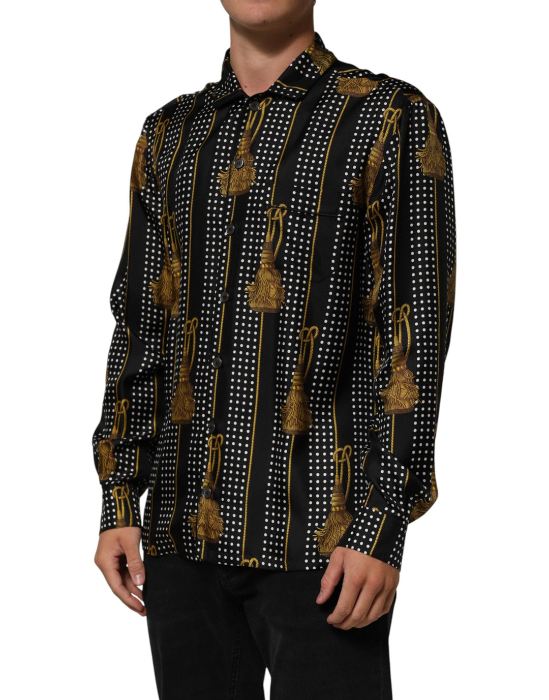 Men’s Dolce &amp; Gabbana Black Dotted Tassel Silk Button Down Shirt
