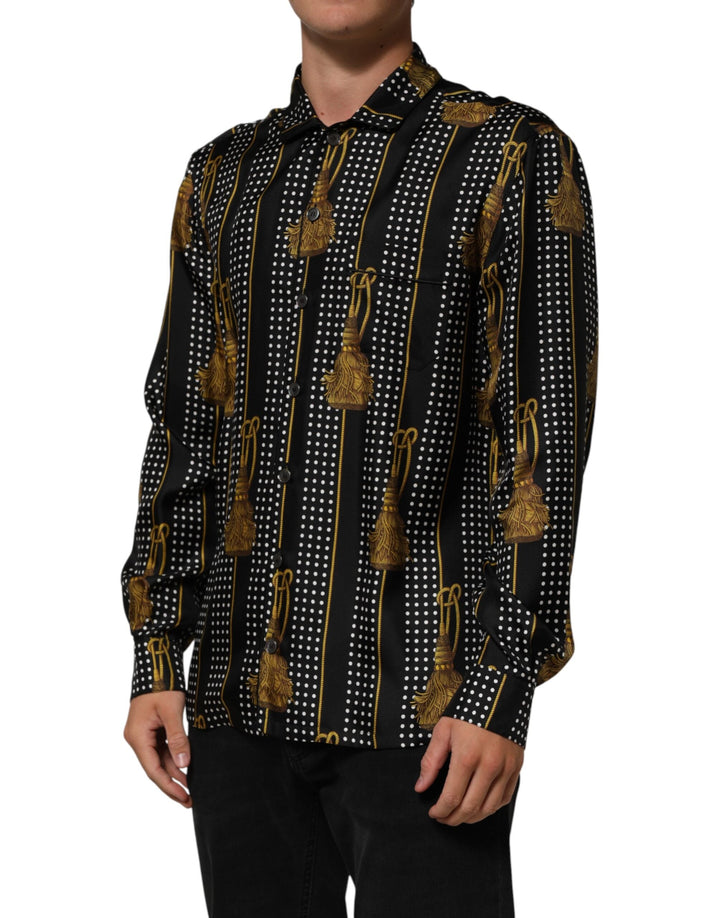 Men’s Dolce &amp; Gabbana Black Dotted Tassel Silk Button Down Shirt