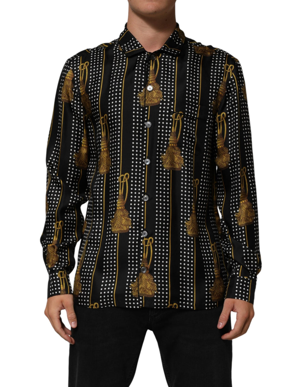 Men’s Dolce & Gabbana Black Dotted Tassel Silk Button Down Shirt