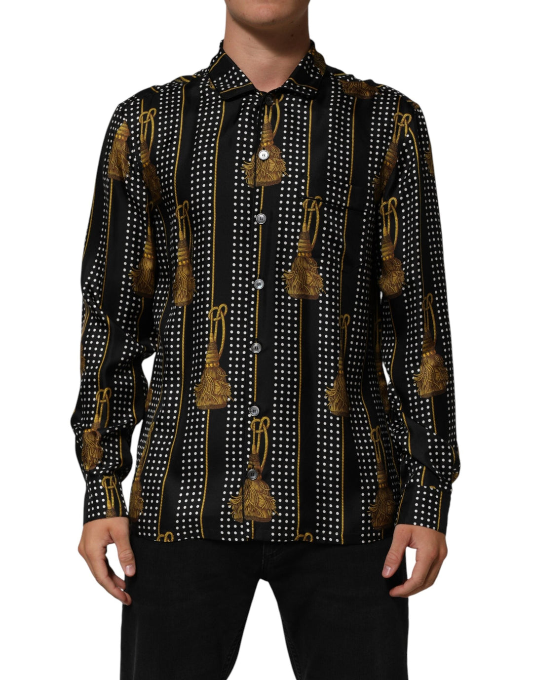 Dolce &amp; Gabbana Black Dotted Tassel Silk Button Down Shirt