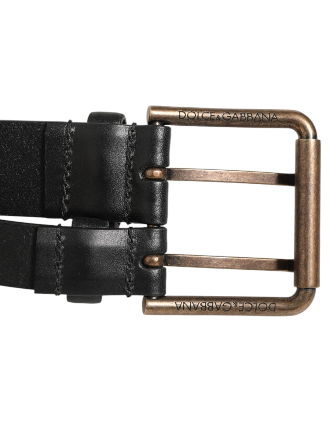 Dolce &amp; Gabbana Black Double Strap Leather Brass Buckle Belt