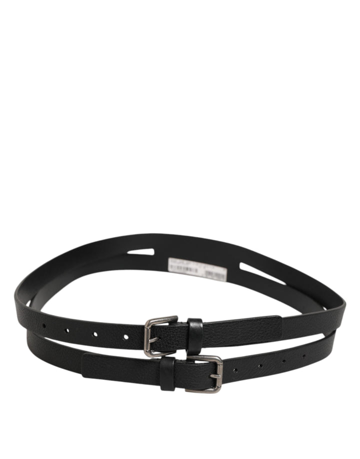 Dolce &amp; Gabbana Black Double Strap Leather Gold Buckle Belt