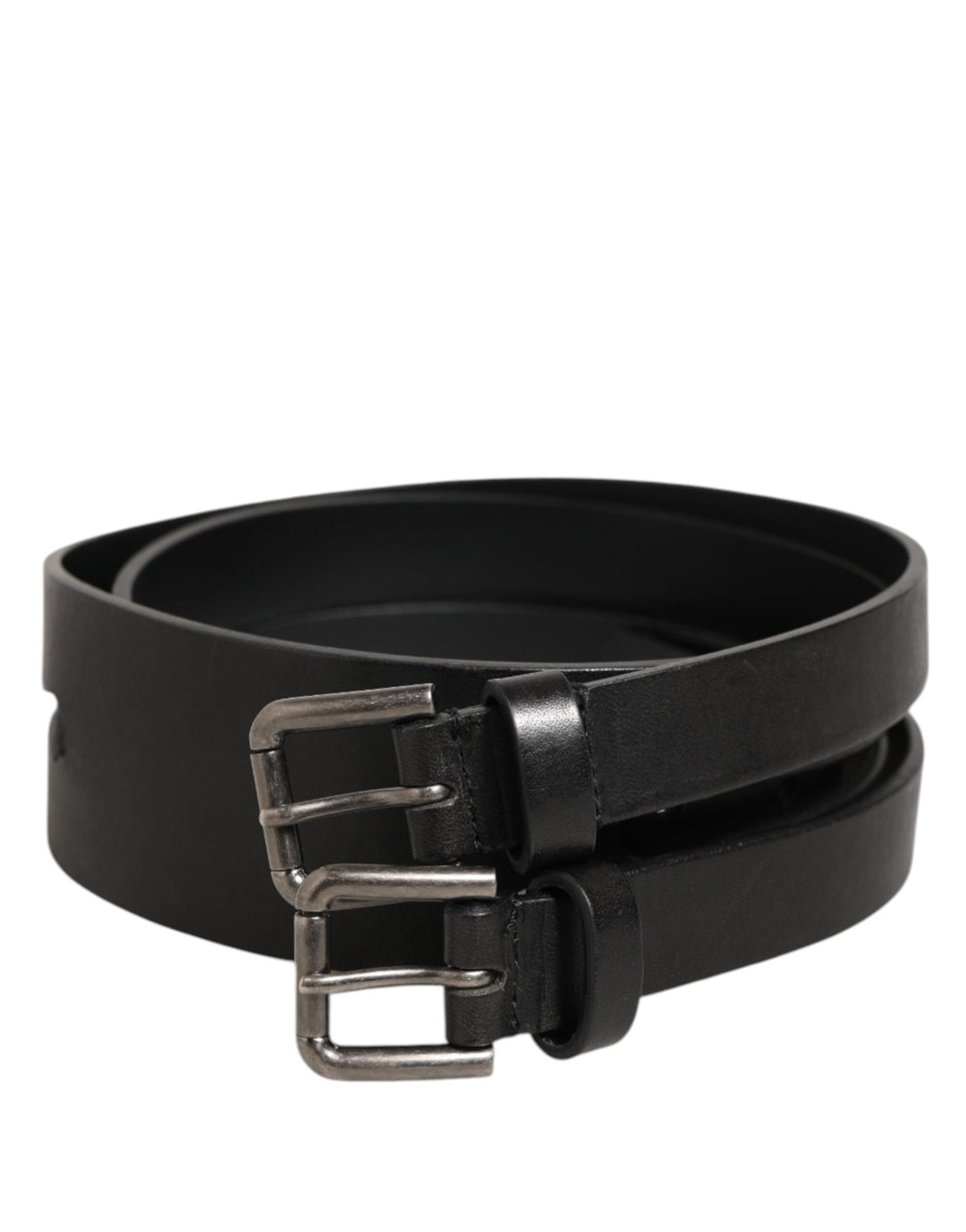 Dolce &amp; Gabbana Black Double Strap Leather Silver Buckle Belt