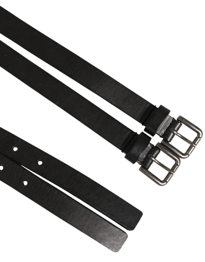 Dolce &amp; Gabbana Black Double Strap Leather Silver Buckle Belt