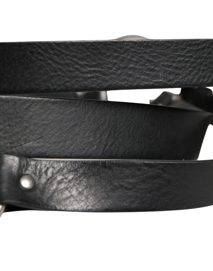 Dolce &amp; Gabbana Black Double Strap Leather Silver Buckle Belt