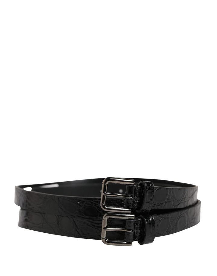 Dolce &amp; Gabbana Black Double Strap Leather Silver Buckle Belt