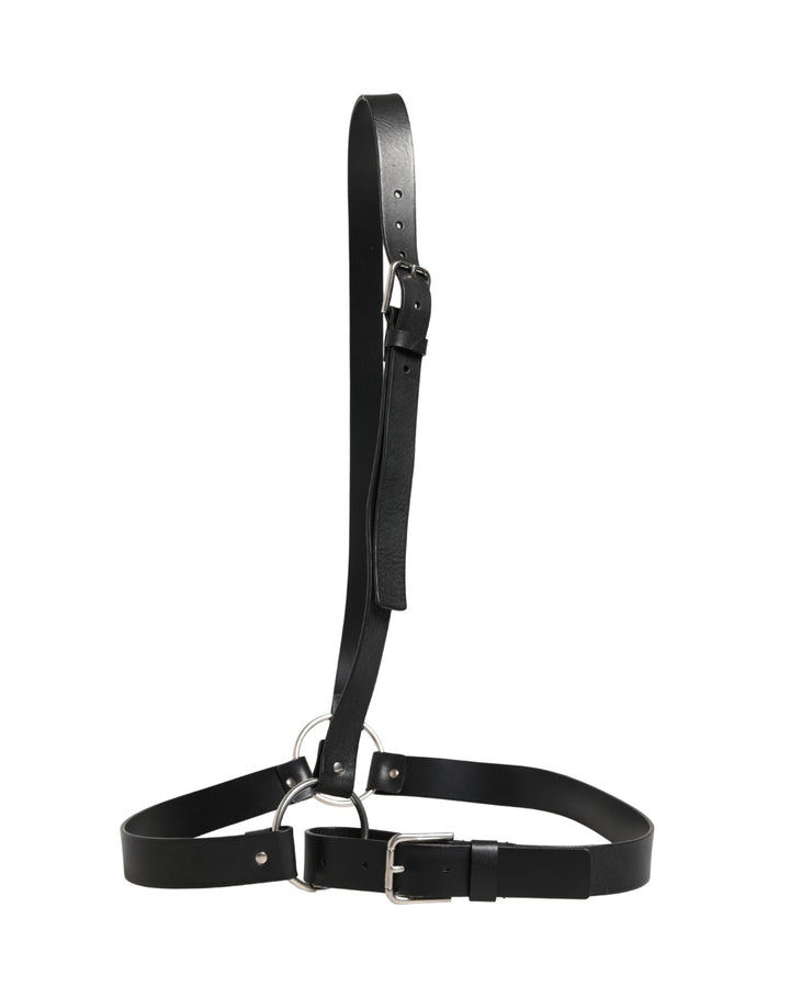 Dolce &amp; Gabbana Black Double Strap Leather Silver Buckle Belt
