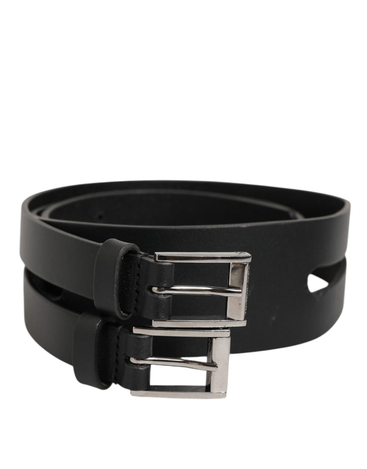 Dolce &amp; Gabbana Black Double Strap Leather Silver Buckle Belt