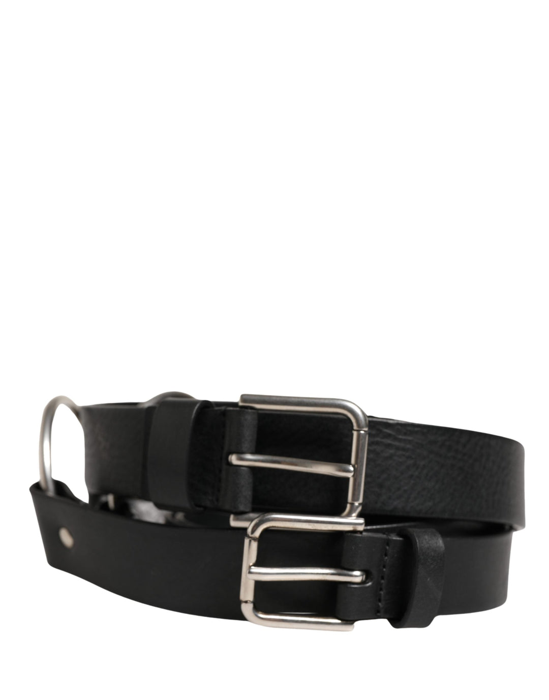 Dolce &amp; Gabbana Black Double Strap Leather Silver Buckle Belt