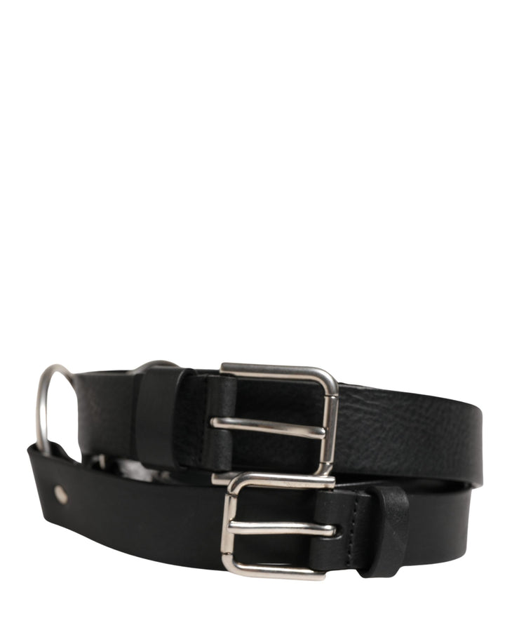 Dolce &amp; Gabbana Black Double Strap Leather Silver Buckle Belt