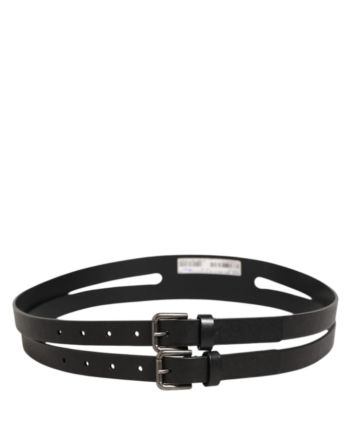 Dolce &amp; Gabbana Black Double Strap Leather Silver Buckle Belt