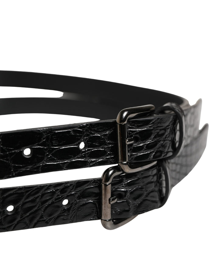 Dolce &amp; Gabbana Black Double Strap Leather Silver Buckle Belt