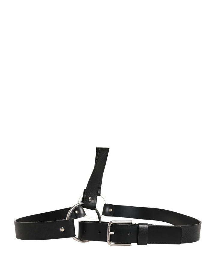 Dolce &amp; Gabbana Black Double Strap Leather Silver Buckle Belt
