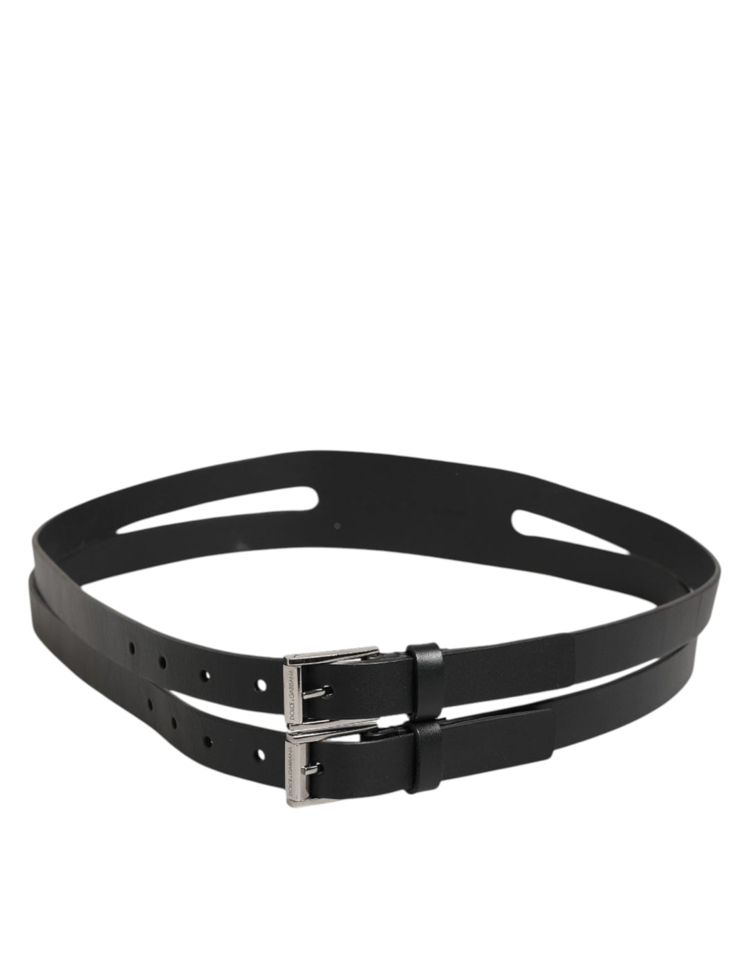 Dolce &amp; Gabbana Black Double Strap Leather Silver Buckle Belt