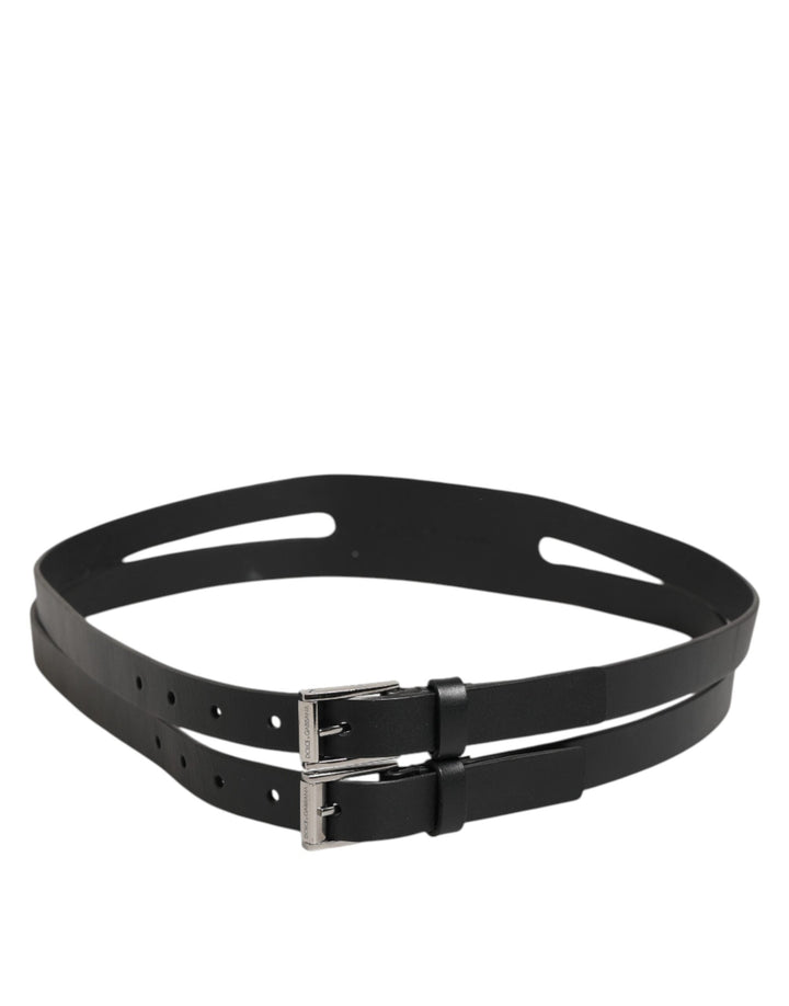 Dolce &amp; Gabbana Black Double Strap Leather Silver Buckle Belt
