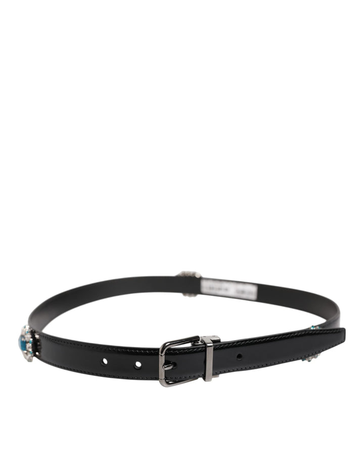 Dolce &amp; Gabbana Black Embellished Metal Logo Buckle Belt