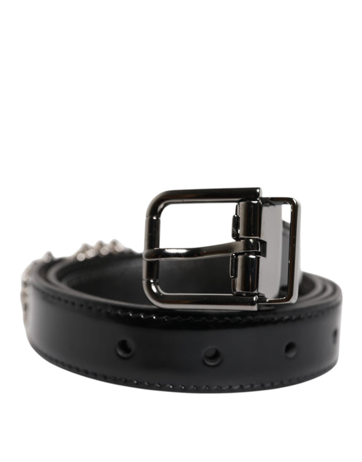 Dolce &amp; Gabbana Black Embellished Metal Logo Buckle Belt