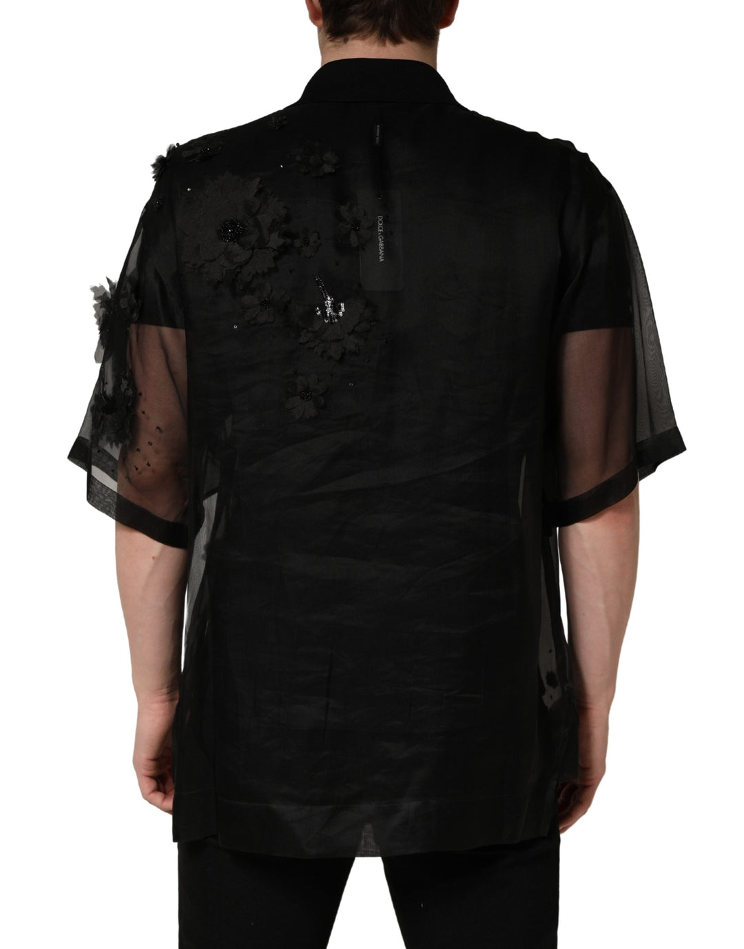 Dolce &amp; Gabbana Black Floral Applique Sheer Short Sleeve Shirt