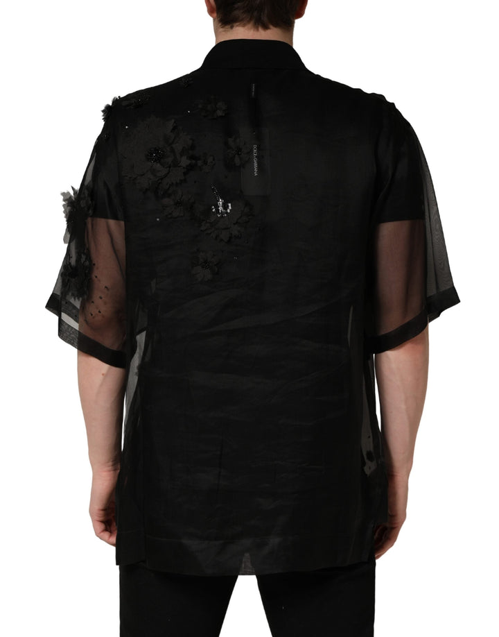 Dolce &amp; Gabbana Black Floral Applique Sheer Short Sleeve Shirt