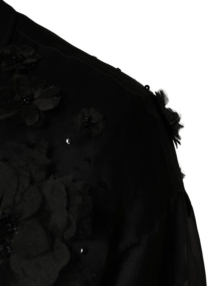 Dolce &amp; Gabbana Black Floral Applique Sheer Short Sleeve Shirt