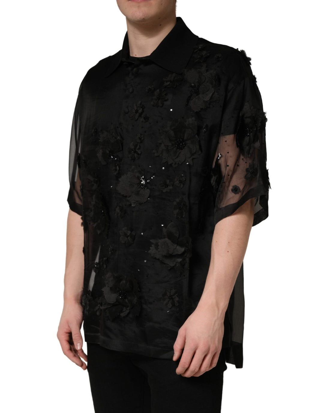 Dolce &amp; Gabbana Black Floral Applique Sheer Short Sleeve Shirt