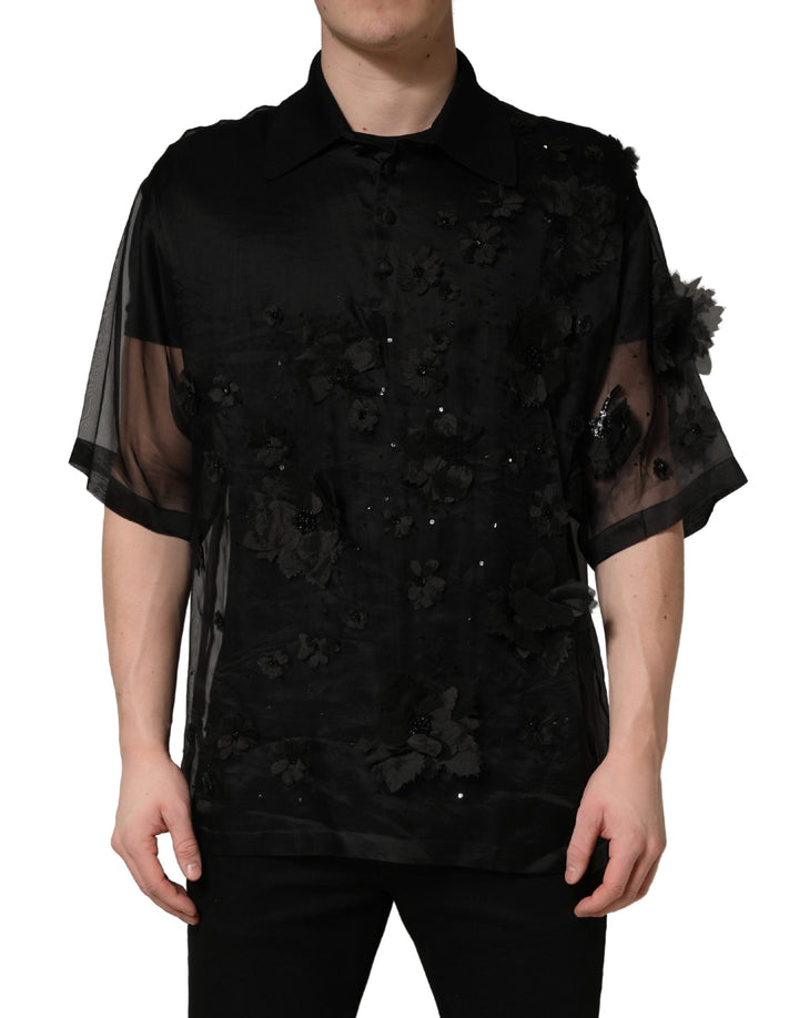 Dolce &amp; Gabbana Black Floral Applique Sheer Short Sleeve Shirt
