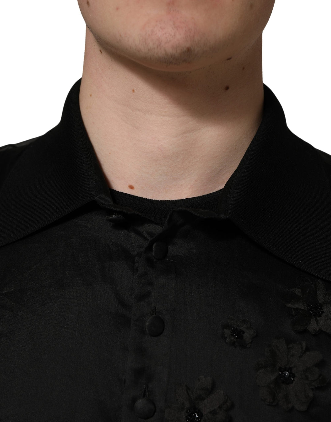 Dolce &amp; Gabbana Black Floral Applique Sheer Short Sleeve Shirt