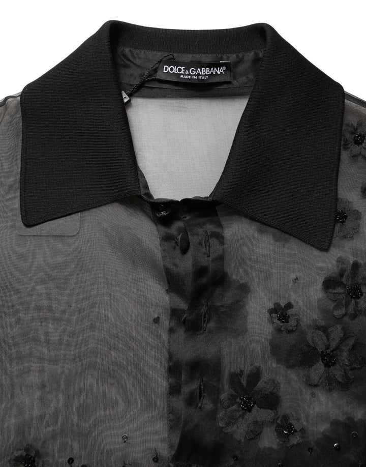 Dolce &amp; Gabbana Black Floral Applique Sheer Short Sleeve Shirt