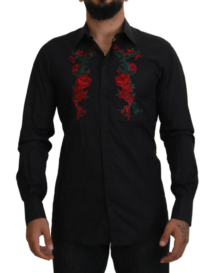 Dolce &amp; Gabbana Black Floral Embroidery Men Long Sleeves GOLD Shirt