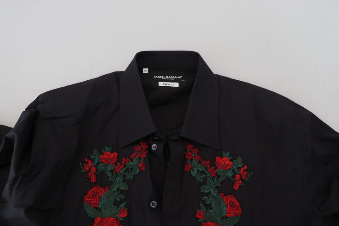 Dolce &amp; Gabbana Black Floral Embroidery Men Long Sleeves GOLD Shirt