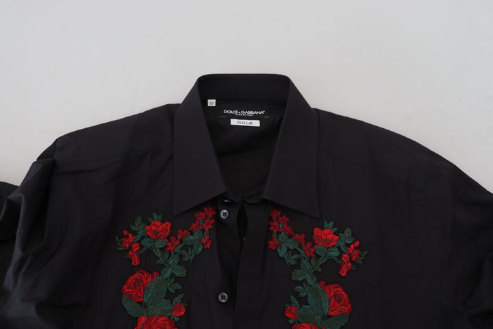 Dolce &amp; Gabbana Black Floral Embroidery Men Long Sleeves GOLD Shirt