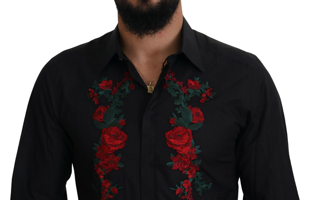 Dolce &amp; Gabbana Black Floral Embroidery Men Long Sleeves GOLD Shirt