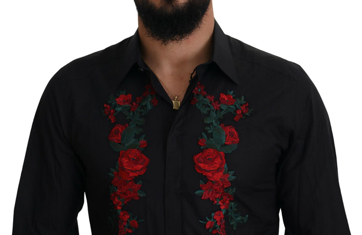 Dolce &amp; Gabbana Black Floral Embroidery Men Long Sleeves GOLD Shirt