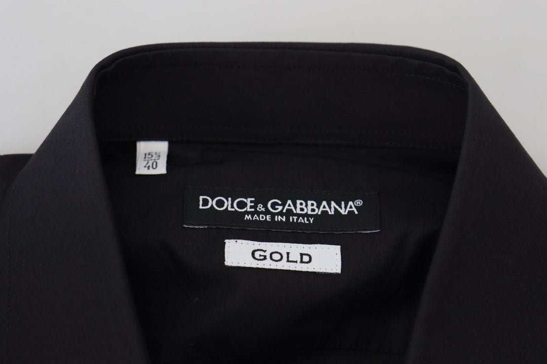 Dolce &amp; Gabbana Black Floral Embroidery Men Long Sleeves GOLD Shirt