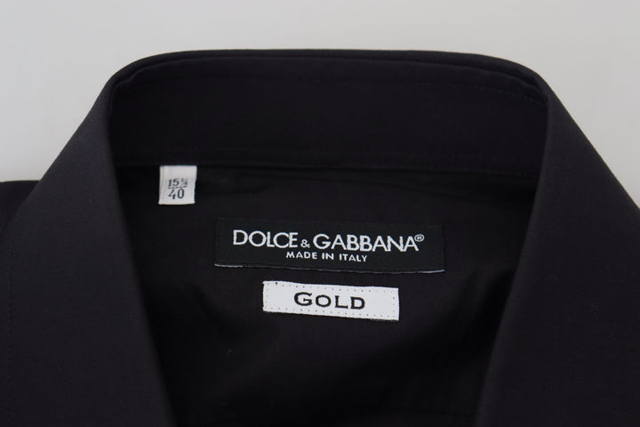 Dolce &amp; Gabbana Black Floral Embroidery Men Long Sleeves GOLD Shirt