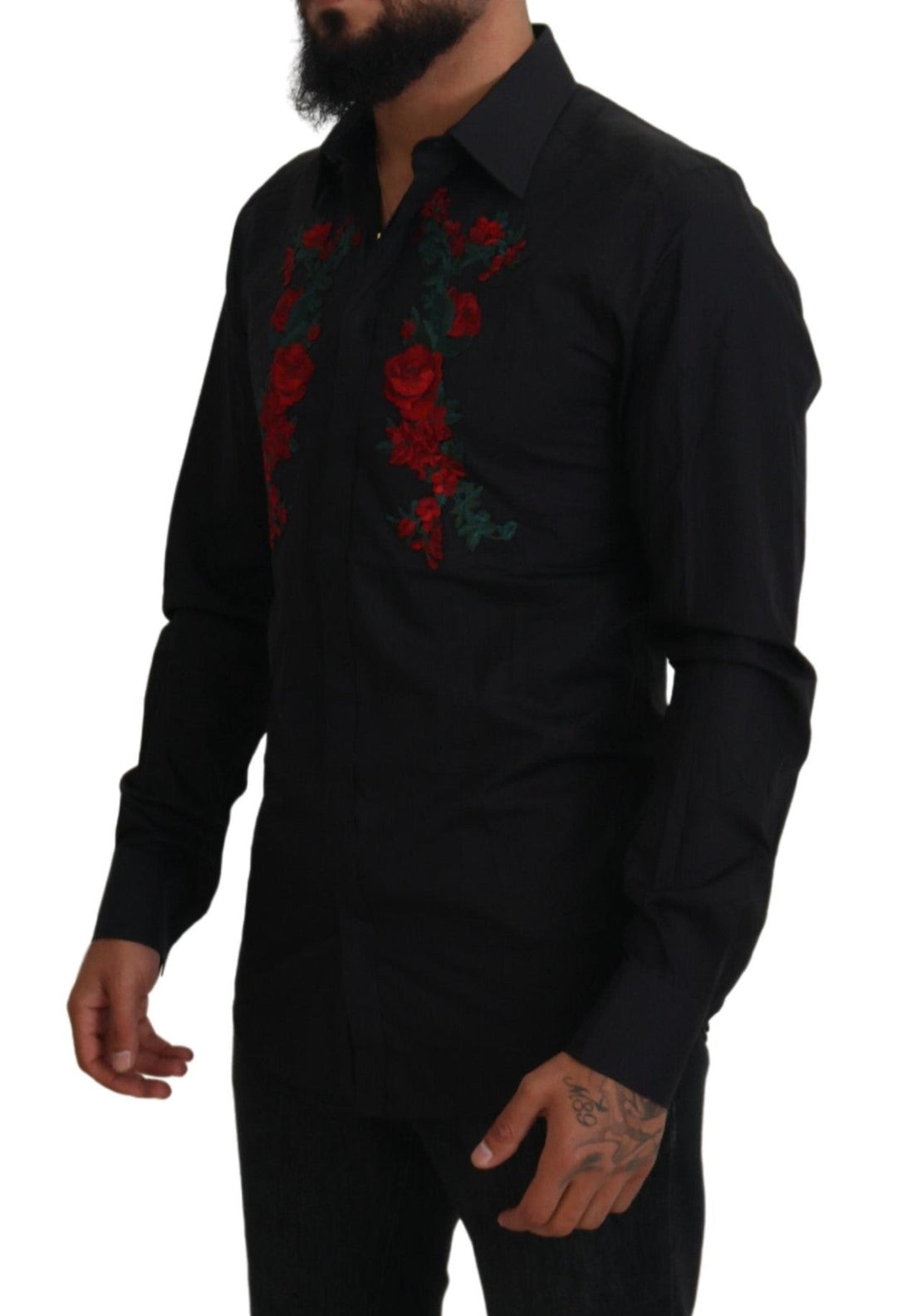 Dolce &amp; Gabbana Black Floral Embroidery Men Long Sleeves GOLD Shirt
