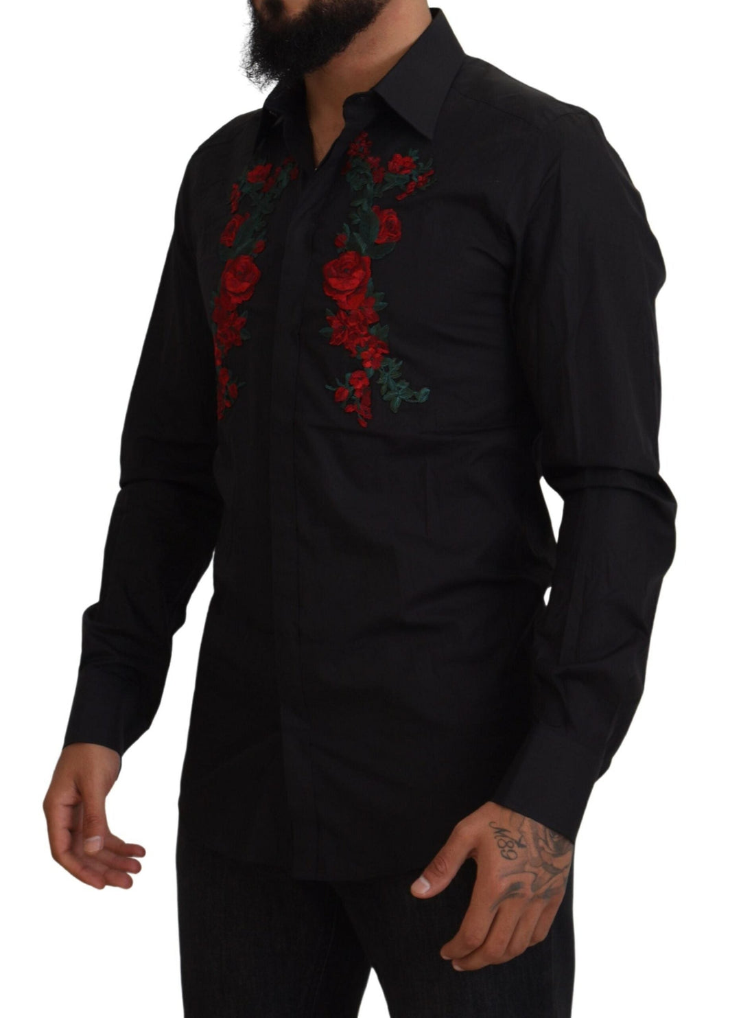 Dolce &amp; Gabbana Black Floral Embroidery Men Long Sleeves GOLD Shirt