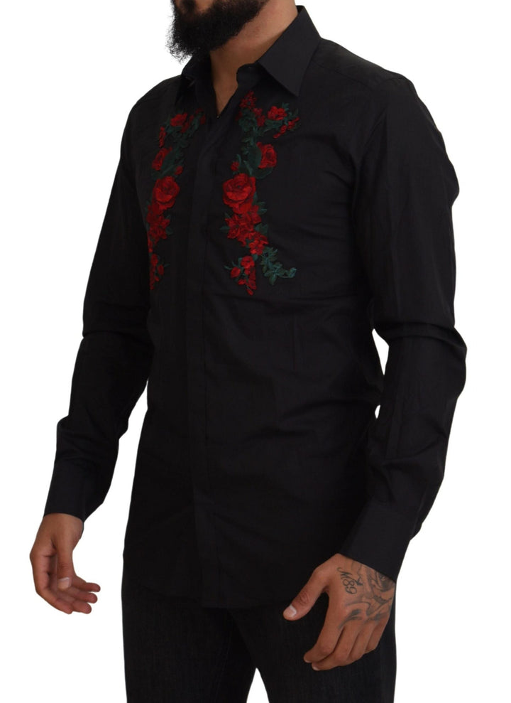 Dolce &amp; Gabbana Black Floral Embroidery Men Long Sleeves GOLD Shirt