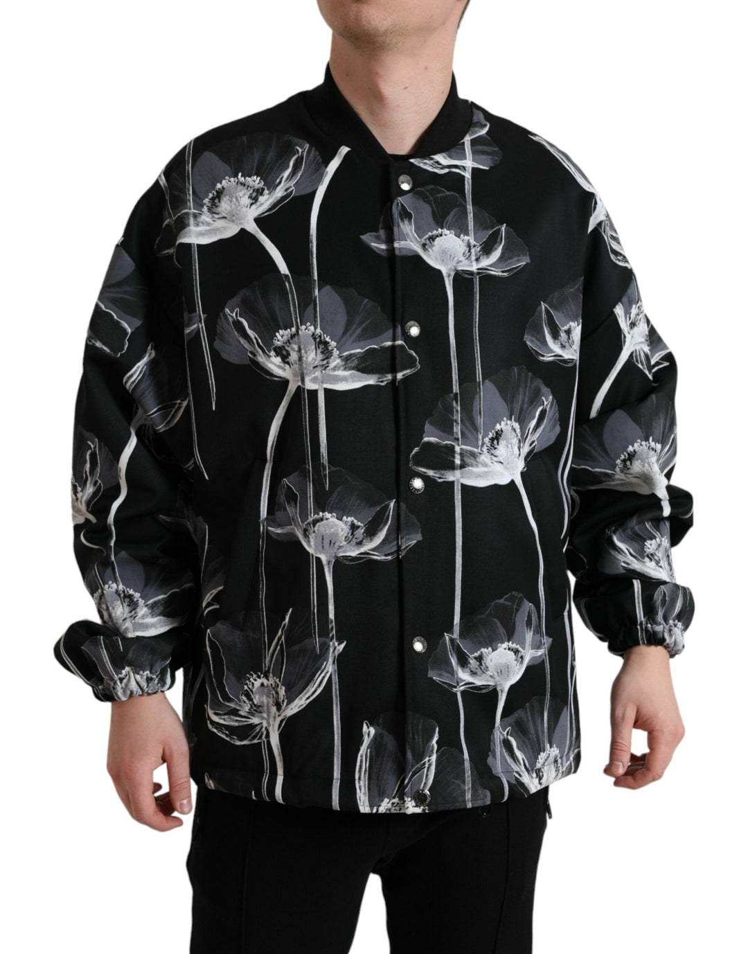 Men’s Dolce & Gabbana Black Floral Print Wool Button Down Bomber Jacket