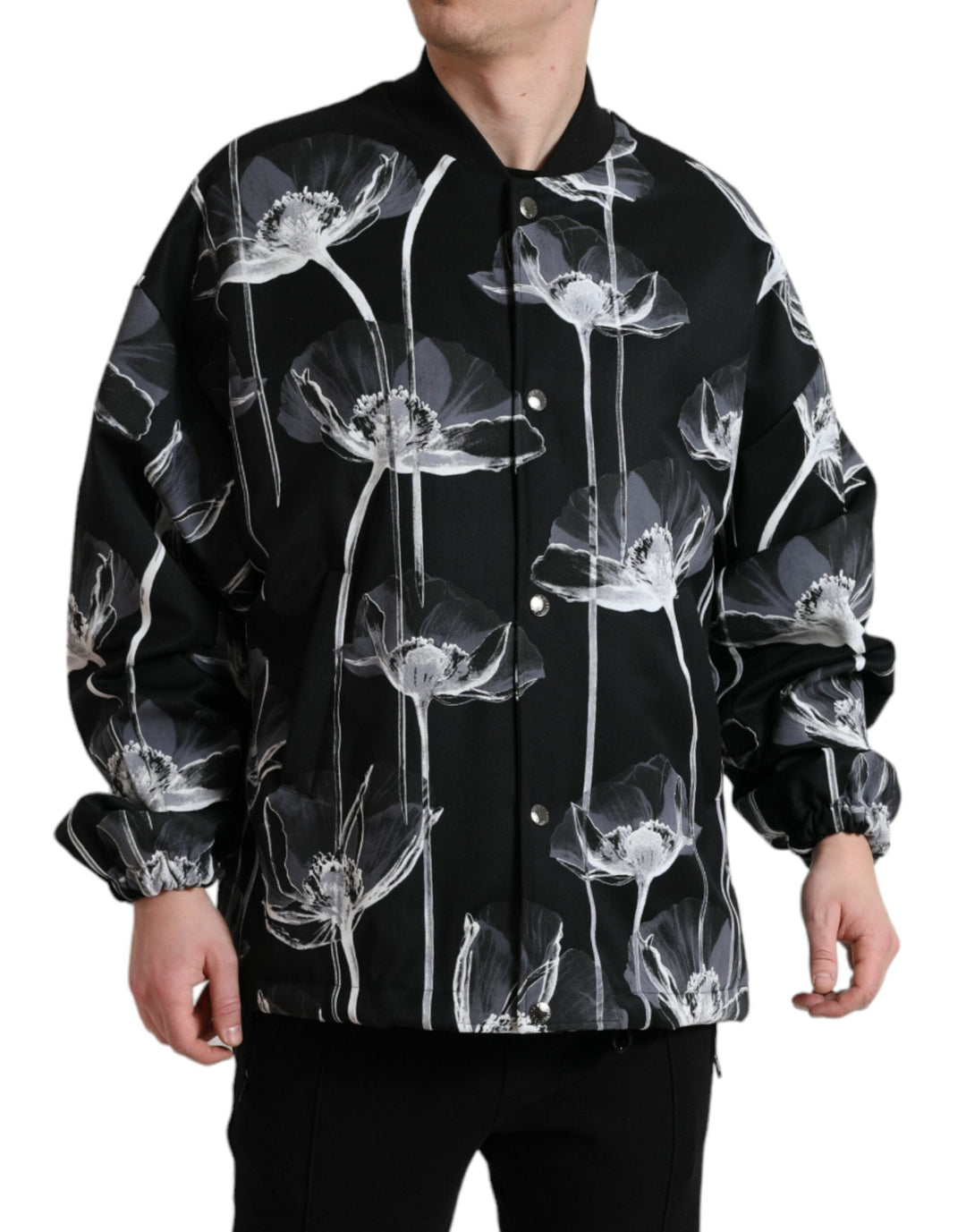 Men’s Dolce &amp; Gabbana Black Floral Print Wool Button Down Bomber Jacket
