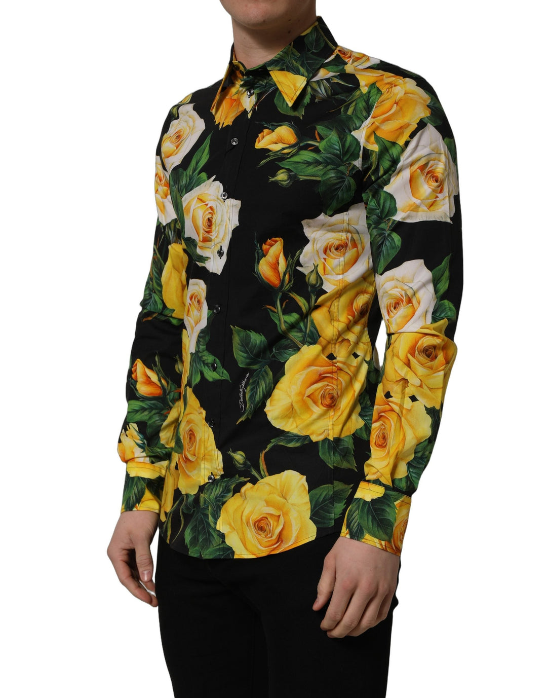 Dolce &amp; Gabbana Black Floral Stretch Cotton Sicilia Fit Dress Shirt