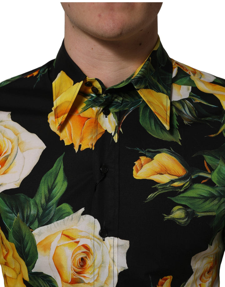 Dolce &amp; Gabbana Black Floral Stretch Cotton Sicilia Fit Dress Shirt
