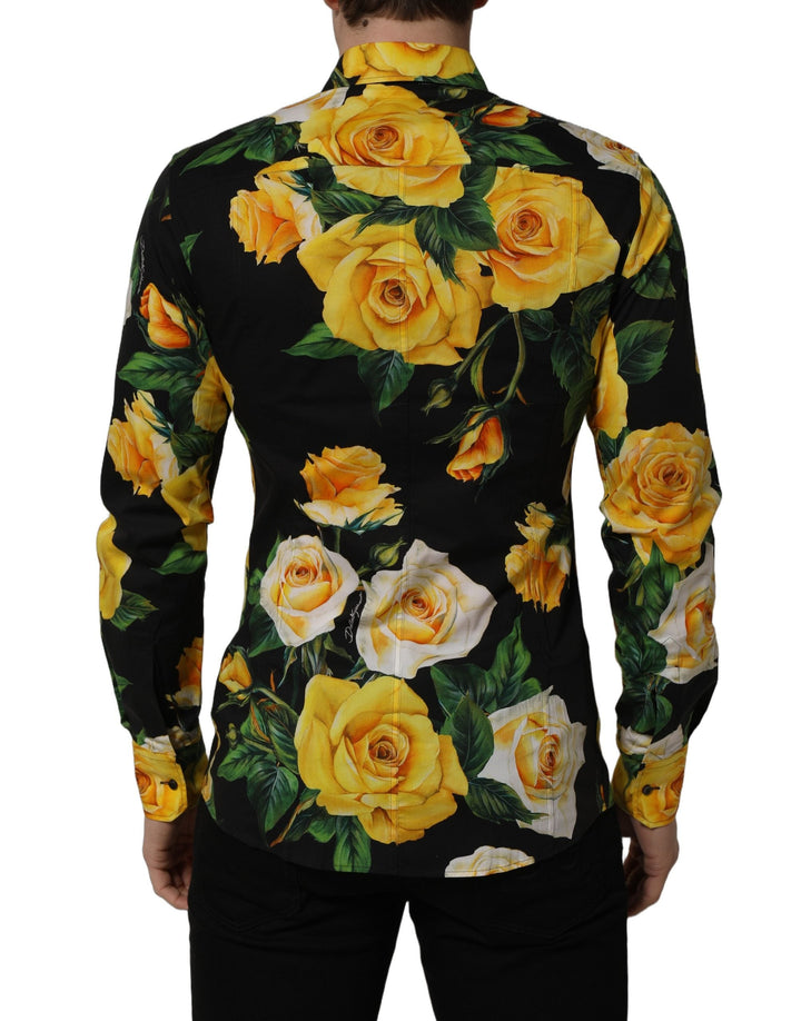 Dolce &amp; Gabbana Black Floral Stretch Cotton Sicilia Fit Dress Shirt
