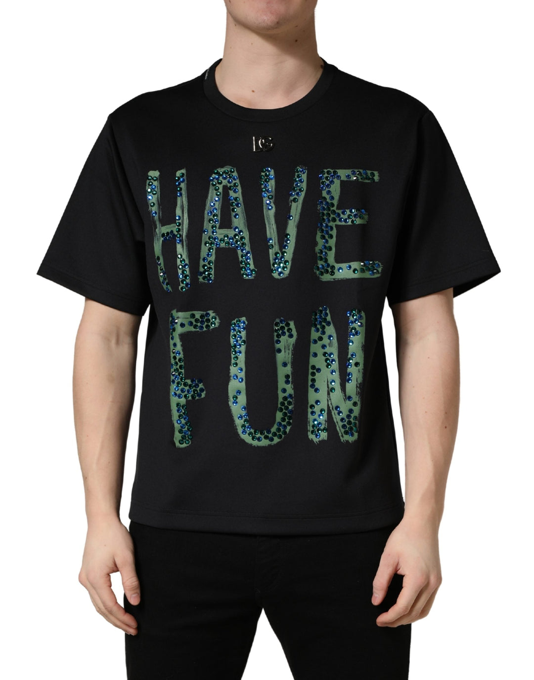 Dolce &amp; Gabbana Black have Fun Embellished Crew Neck T-shirt